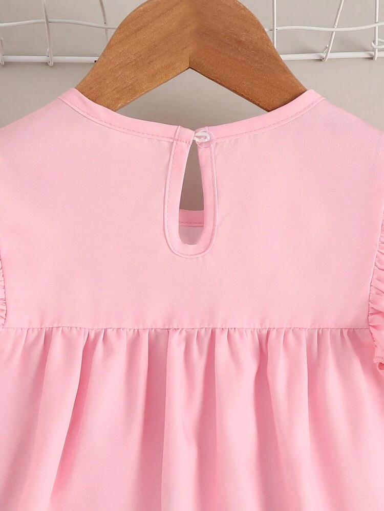 SHEIN Roze portret casual shirt voor jong meisje met ronde halslijn en mouwen met ruches, voor de zomer - Roze - Bekijken 4