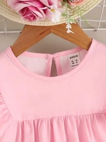 SHEIN 少女粉紅肖像休閒圓領荷葉袖襯衫，適合夏季 - 粉色 - 查看 6