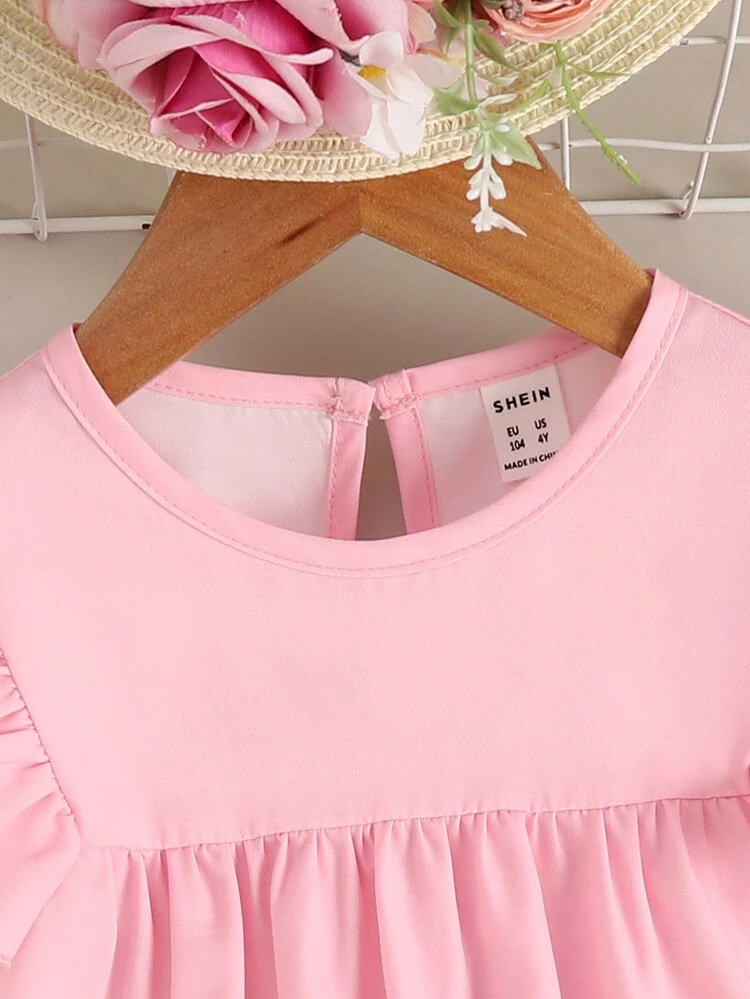 SHEIN Roze portret casual shirt voor jong meisje met ronde halslijn en mouwen met ruches, voor de zomer - Roze - Bekijken 6