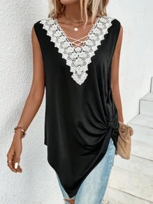 Áo khoác và áo lót dành cho xe tăng nữ Tương phản ren Hội Chữ thập xoắn lại Khối Màu Giải trí - màu đen - Xem 4