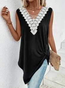 Áo khoác và áo lót dành cho xe tăng nữ Tương phản ren Hội Chữ thập xoắn lại Khối Màu Giải trí - màu đen - Xem 5