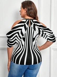 SHEIN Clasi 大碼條紋印花挖肩T恤 - 黑與白 - 查看 2