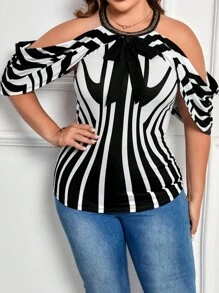 SHEIN Clasi 大碼條紋印花挖肩T恤 - 黑與白 - 查看 4