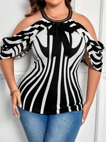 SHEIN Clasi 大碼條紋印花挖肩T恤 - 黑與白 - 查看 1