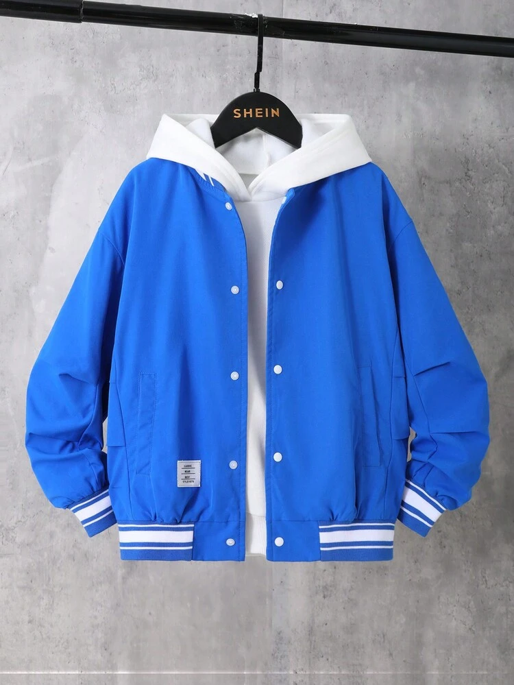 Tween Boy Letter Patched Striped Trim Drop Shoulder Varsity Jacket Without Hoodie