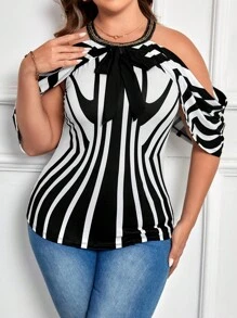 SHEIN Clasi 大碼條紋印花挖肩T恤 - 黑與白 - 查看 6