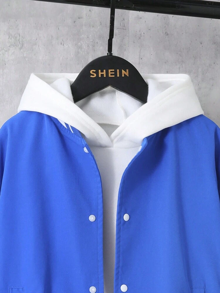 Tween Boy Letter Patched Striped Trim Drop Shoulder Varsity Jacket Without Hoodie