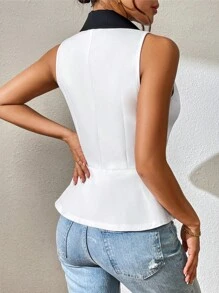SHEIN Privé Áo khoác  âu phục nữ Nút đôi Khối Màu Thanh lịch - Đen và trắng - Xem 2