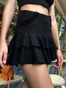 SHEIN Solid Ruffle Hem Skirt - Black - View 6