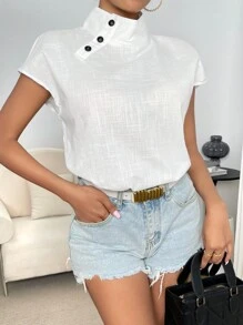 Firerie 紐扣細節小高領蝙蝠袖襯衫 - 白色 - 查看 6