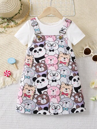 SHEIN 女小童卡通圖案T恤&字母圖案背帶裙