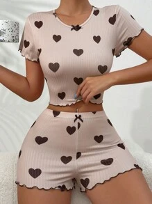 愛心圖案木耳邊睡衣套裝 - 杏色 - 查看 3