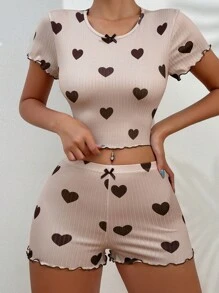 愛心圖案木耳邊睡衣套裝 - 杏色 - 查看 5