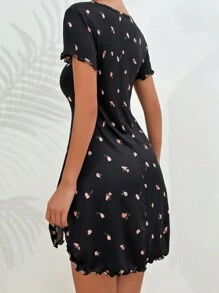 SHEIN Ditsy Floral Print Lettuce Trim Split Hem Pajama Nightdress PerfectSummer - Black - View 2
