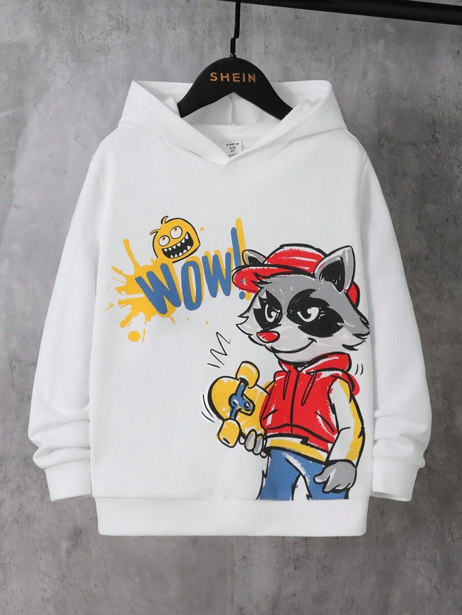 SHEIN Tween Boy Leisure Knitted Sweatshirt With Cartoon Print Pattern - White - View 1