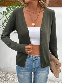 SHEIN LUNE 素色前紐扣開襟衫 - 軍綠色 - 查看 3