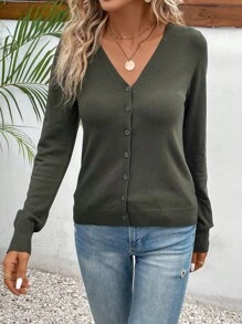 SHEIN LUNE 素色前紐扣開襟衫 - 軍綠色 - 查看 4