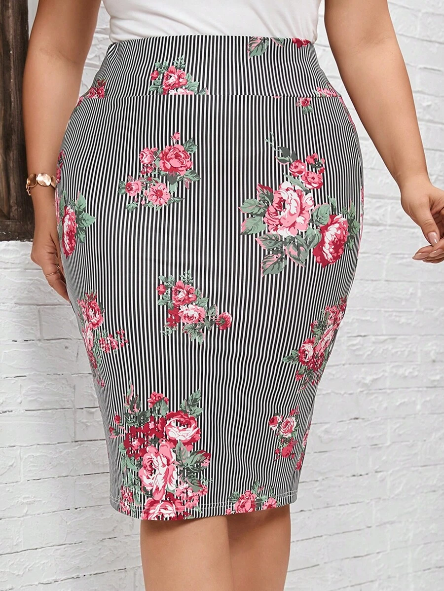 SHEIN Clasi Váy Plus Size Hoa Sọc Giải trí - Nhiều màu - Xem 1