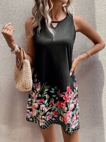 SHEIN LUNE Floral Print Keyhole Neckline Tank Dress - Black - View 1
