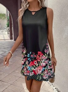 SHEIN LUNE Floral Print Keyhole Neckline Tank Dress - Black - View 4