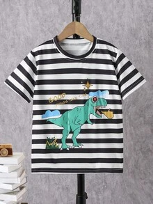 Boys Striped & Dinosaur Print Tee - Black and White - View 1