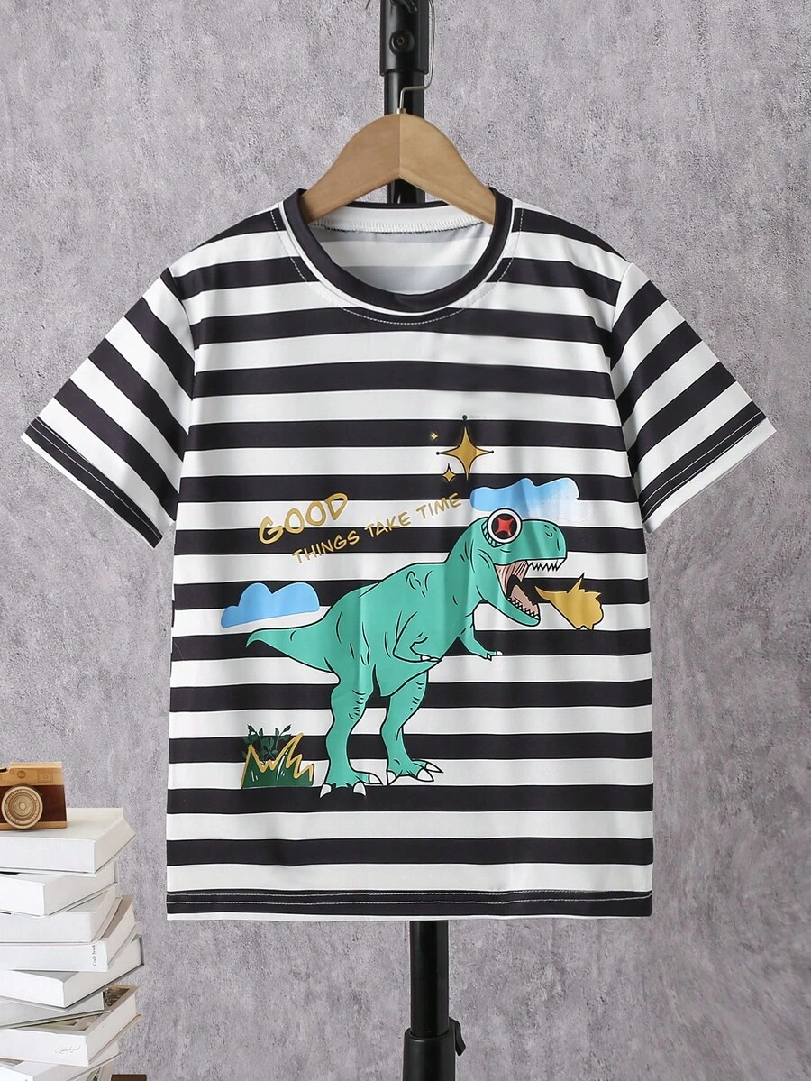 Boys Striped & Dinosaur Print Tee - Black and White - View 1