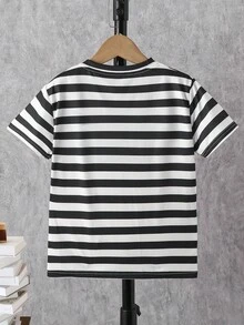 Boys Striped & Dinosaur Print Tee - Black and White - View 2