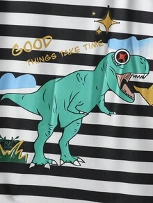 Boys Striped & Dinosaur Print Tee - Black and White - View 3
