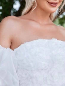 Faeriesty Women Elegant Elegant Stylish Bubble Sleeve Graduation Dress With Large Back Bowknot & Floral Applique | Luxury Party Dress For Weddings, Birthday Outfits, And Red Carpet Events,Prom Dress,Summer Holiday Outfits - White - View 5