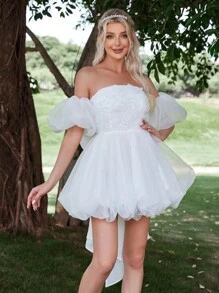 Faeriesty Women Elegant Elegant Stylish Bubble Sleeve Graduation Dress With Large Back Bowknot & Floral Applique | Luxury Party Dress For Weddings, Birthday Outfits, And Red Carpet Events,Prom Dress,Summer Holiday Outfits - White - View 7