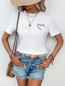 SHEIN LUNE 愛心圖案圓領T恤 - 白色 - 查看 1