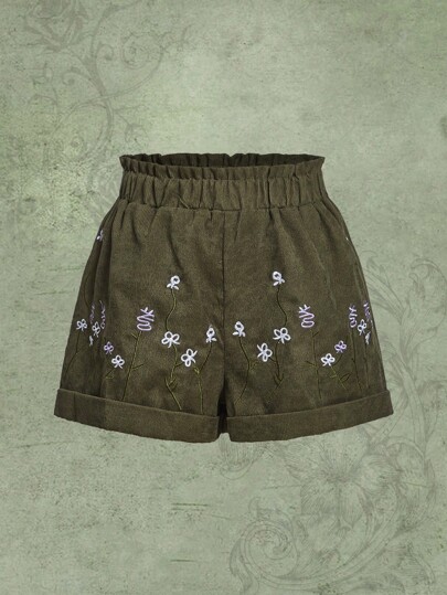 Floral Embroidery Paperbag Waist Corduroy Shorts