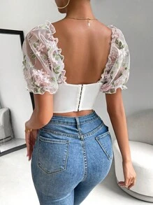 Zolique Floral Embroidery Mesh Puff Sleeve Crop Top - White - View 2