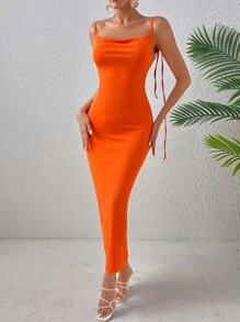 Zolique 肩上打結褶邊露背吊帶連衣裙 - 橘色 - 查看 3