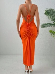 Zolique 肩上打結褶邊露背吊帶連衣裙 - 橘色 - 查看 6