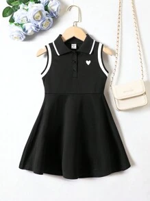 SHEIN 年輕女孩夏季學院風心形印花條紋Polo領無袖洋裝 - 黑色 - 查看 1