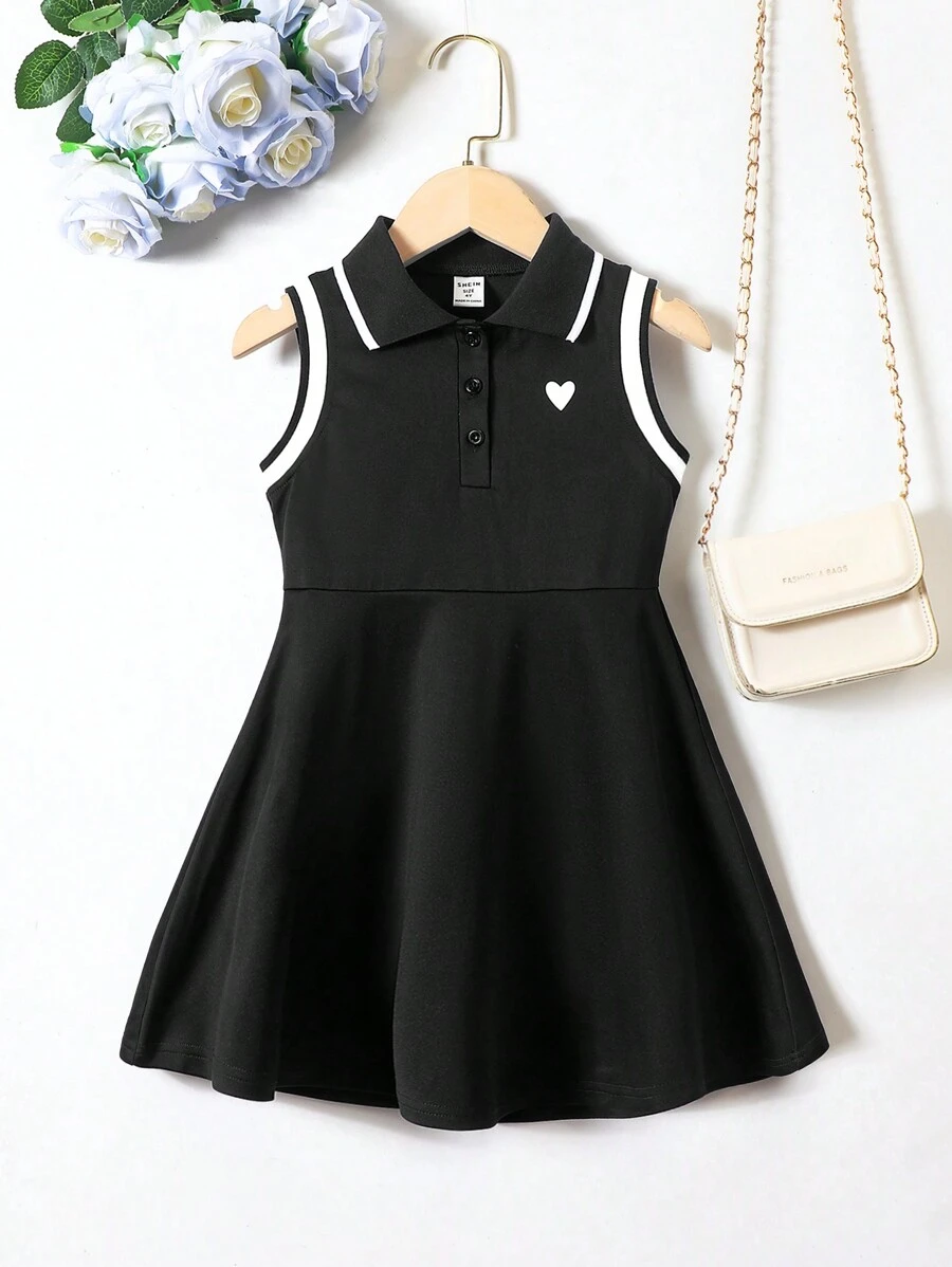 SHEIN 年輕女孩夏季學院風心形印花條紋Polo領無袖洋裝 - 黑色 - 查看 1