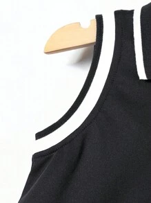 SHEIN 年輕女孩夏季學院風心形印花條紋Polo領無袖洋裝 - 黑色 - 查看 3