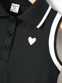 SHEIN 年輕女孩夏季學院風心形印花條紋Polo領無袖洋裝 - 黑色 - 查看 4