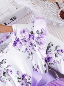 SHEIN 女小童印花荷葉邊網紗邊繫腰帶洋裝 - 彩色 - 查看 3