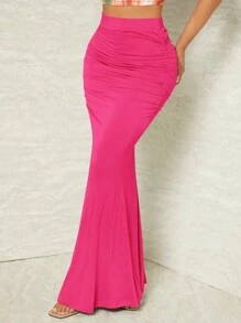 SHEIN SXY 纯色褶皱美人鱼下摆热粉色长裙 - 玫紅色 - 查看 5