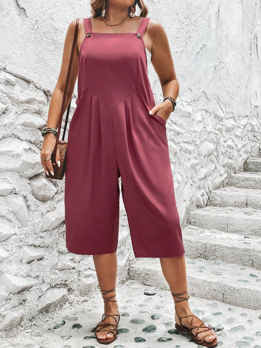 SHEIN LUNE Plus Solid Slant Pocket Plicated Detail Overall Jumpsuit - Redwood - View 1