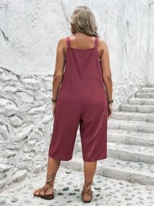 SHEIN LUNE Plus Solid Slant Pocket Plicated Detail Overall Jumpsuit - Redwood - View 2