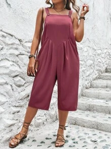 SHEIN LUNE Plus Solid Slant Pocket Plicated Detail Overall Jumpsuit - Redwood - View 3