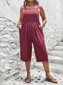 SHEIN LUNE Plus Solid Slant Pocket Plicated Detail Overall Jumpsuit - Redwood - View 4