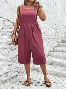 SHEIN LUNE Plus Solid Slant Pocket Plicated Detail Overall Jumpsuit - Redwood - View 5