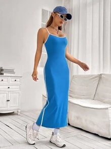 Muchica Váy không tay xẻ tà màu tương phản thường ngày mùa hè - Màu xanh lam - Xem 4