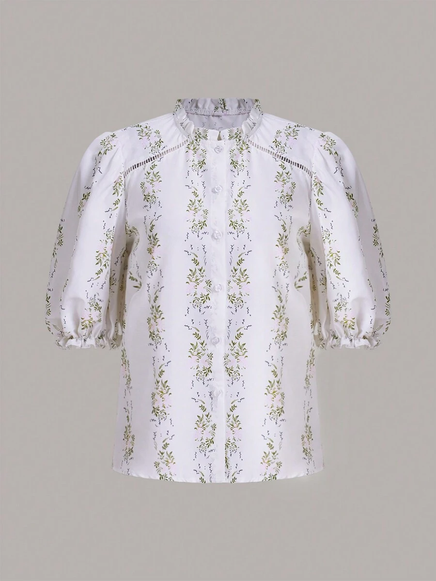 GENKIRA Floral Print Puff Sleeve Blouse - Apricot - View 1