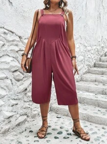 SHEIN LUNE Plus Solid Slant Pocket Plicated Detail Overall Jumpsuit - Redwood - View 6