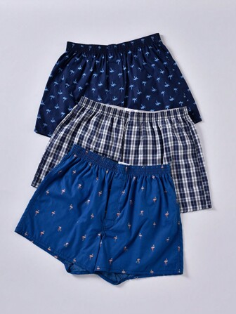 男士3入組格紋和熱帶圖案平角內褲